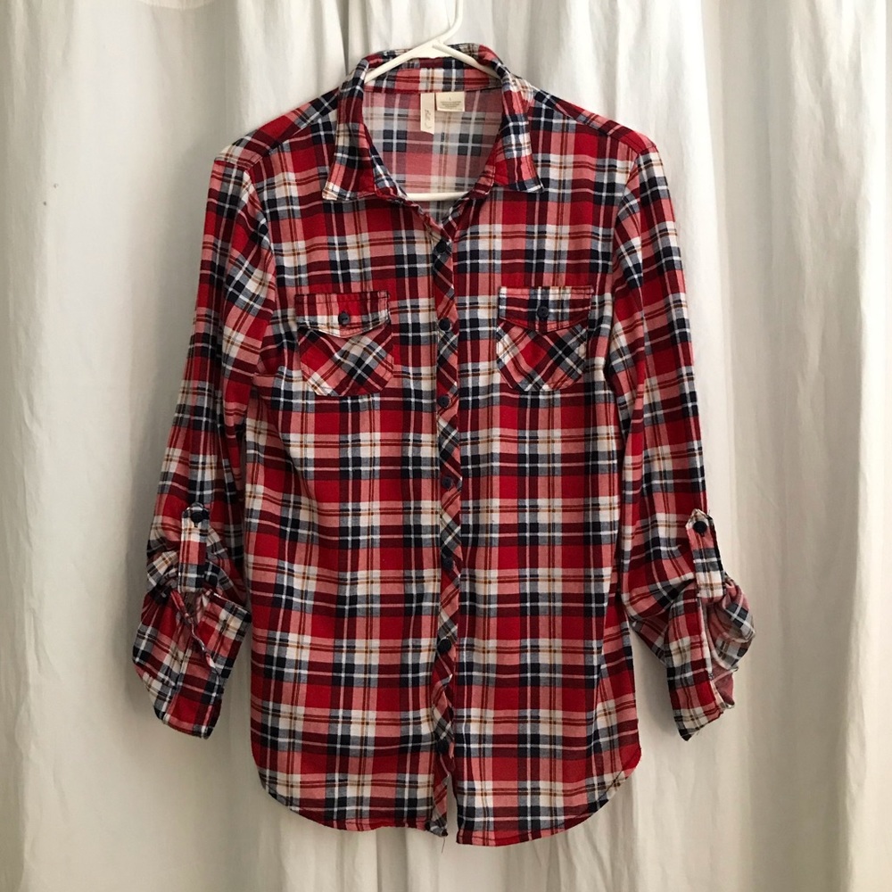 Red Plaid Flannel Button Down Long Sleeve Shirt